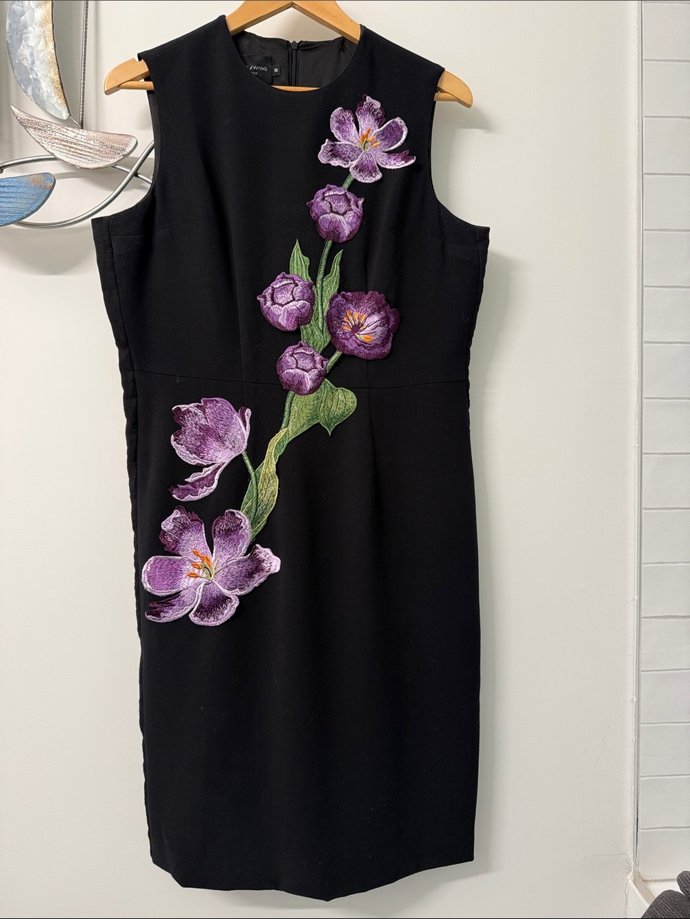 Sleeveless Black Midi Dress with Purple Floral Embroidery
